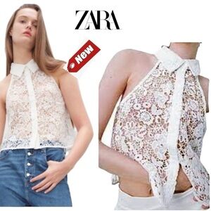 Zara white lace sleeveless halter top button front blouse Sz L NWT
